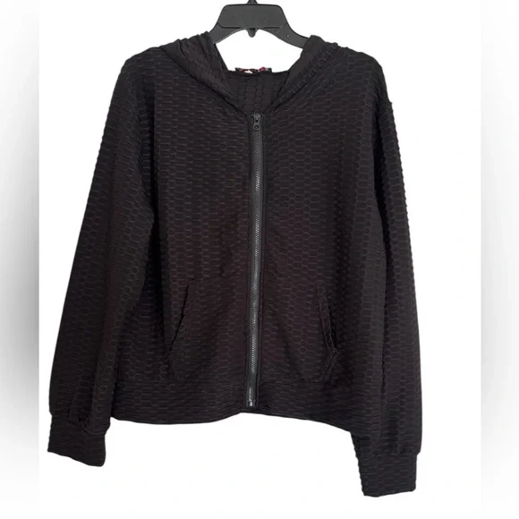 Women's Black Textured/waffled Jacket AQ Sports 2X lightweight, hood & pockets. - Picture 2 of 10